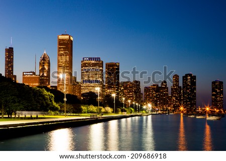 Chicago, USA - 12 July 2014: The Chicago skyline just after sunset on a hot summer\'s day in Illinois, USA