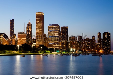Chicago, USA - 12 July 2014: The Chicago skyline just after sunset on a hot summer's day in Illinois, USA