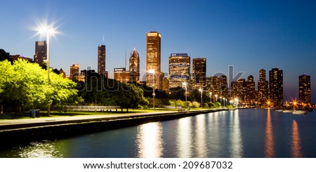 Chicago, USA - 12 July 2014: The Chicago skyline just after sunset on a hot summer\'s day in Illinois, USA