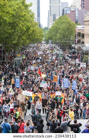 MELBOURNE, AUSTRALIA - March 16: March In March protest for people power, a vote of no confidence in the Liberal, Tony Abbott led government in Melbourne on March 16th 2014
