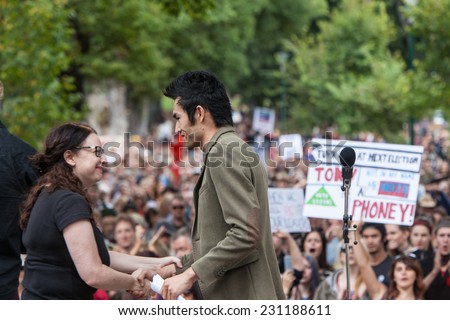 Melbourne, Australia - March 16, 2014: March In March protest for people power, a vote of no confidence in the Liberal, Tony Abbott led government in Melbourne