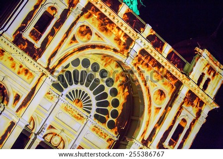 Melbourne, Australia - February 21 - The Royal Exhibition Buildings lit up for White Night on February 21st 2015.