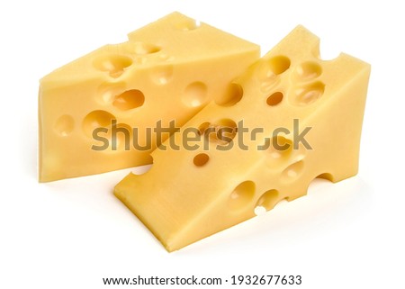 Emmental cheese triangle, Swiss cheese, isolated on white background. High resolution image.