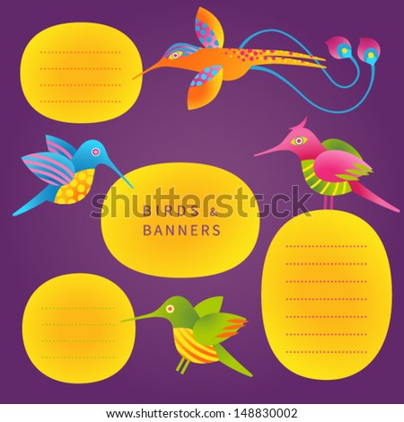 Adorable vector set of bright text frames and humming-birds. Tropical birds. It can be used for decorating of invitations, cards, labels, design of price tags, decoration for bags and clothes.