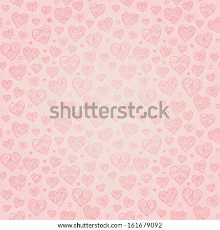 Ornamental seamless pattern with lacy hearts. Light pink background. It can be used for wallpaper, pattern fills, web page, surface textures, decoration for bags and clothes.
