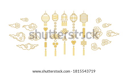 Vector set with golden line art lanterns in Chinese style. Gold isolated  icons for design elements. Traditional Chinese paper lanterns, lucky coins, lamps, lucky knots, clouds, ornaments