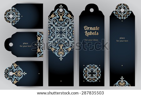 Ornate cards in oriental style. Bright Eastern floral decor on dark backdrop. Template vintage frame for greeting card and wedding invitation. Vector labels with place for your text.
