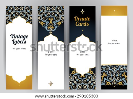 Vector set of ornate vertical cards in oriental style. Bright Eastern floral decor. Template vintage frame for greeting card and wedding invitation. Labels and tags with place for text.