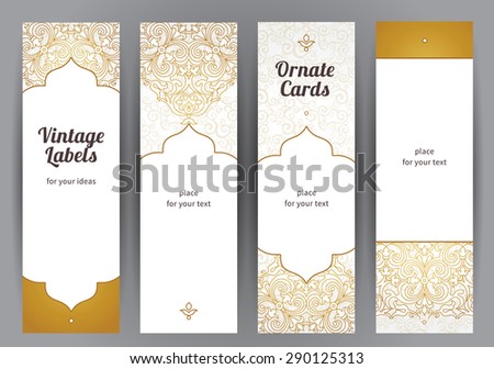 Vector set of ornate vertical cards in oriental style. Golden Eastern floral decor. Template vintage frame for greeting card and wedding invitation. Labels and tags with place for text.