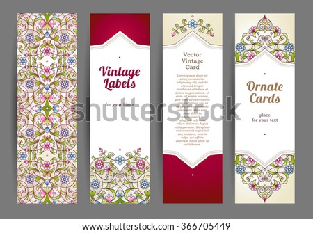 Vector set of ornate vertical cards in oriental style. Colorful Eastern floral decor. Template vintage frame for greeting card and wedding invitation. Labels and tags with place for text.