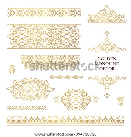 Vector set of line art frames, vignettes for design template. Element in Eastern style. Golden outline floral borders. Mono line decor for invitations, greeting cards, certificate, thank you message.