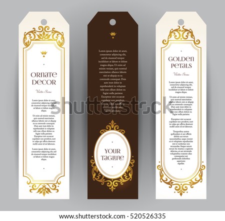 Vector set of ornate vertical cards in Victorian style. Eastern floral decor. Template vintage frame for card, invitation, thank you message, badge. Golden labels and tags with place for text.