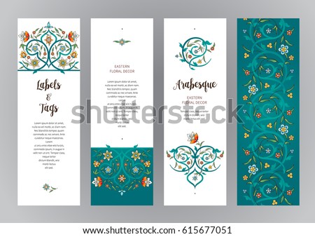 Vector ornate vertical cards in Eastern style. Turquoise floral decor. Template vintage frame for card, invitation, thank you message, bookmarks. Colorful labels, tags with place for text.