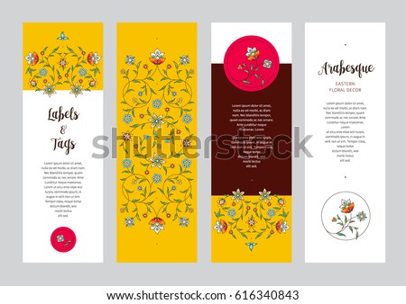 Vector ornate vertical cards in Eastern style. Colorful floral decor. Template vintage frame for card, invitation, thank you message, bookmarks. Colorful labels, tags with place for text.