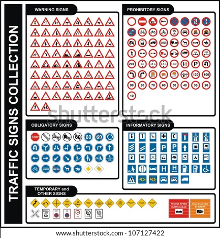 Vector Traffic Signs Collection including warning prohibitory obligatory informatory temporary symbol icon set road safety junction roundabout highway two way bridge tunnel vehicle pedestrian arrows 