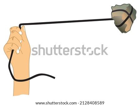 human hand hovering a rope tied to stone flat design vector drawing circle movement of object icon sign logo cartoon abstract art concept scree circular motion throw shoot hunt slingshot illustration