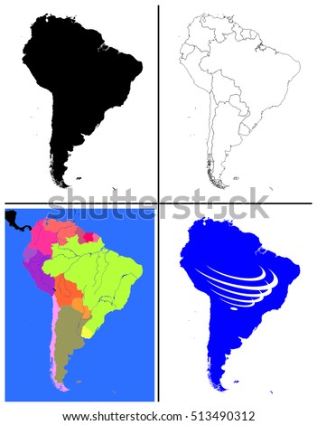 Vector South America Maps Collection silhouette political line art topographic also with south america countries union flag UNASUR draw for full continent borders islands oceans main rivers lakes 