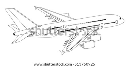 Plane Commercial Jet Aeroplane Flying in isolated background travel and tourism concept passenger with out line of all parts cockpit body wings tail aircraft on the air useful for business vector