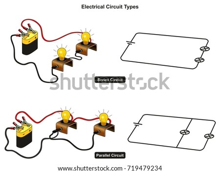 Electrical Circuit Types infographic diagram showing how you connect lamps in series and in parallel and difference for physics science education