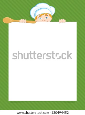 Little kid chef holding a white piece and wood spoon on the green background