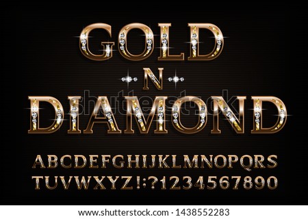 Gold n diamond alphabet font. Serif golden letters and numbers with diamond gemstone. Stock vector typescript for your design.