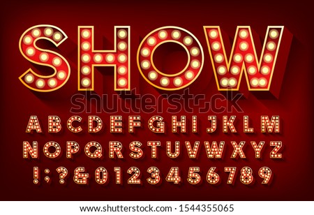 Show alphabet font. 3D letters and numbers with light bulbs and shadows. Vector typescript for your design.