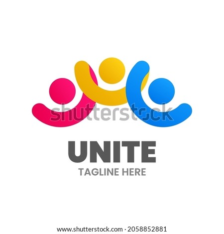 Unite logo template. Abstract group of people are holding their hands. Colorful emblem. Stock vector illustration.