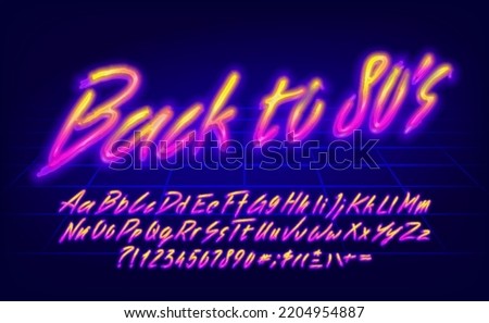 Back to 80s alphabet font. Hand drawing glowing letters, numbers and punctuations. Uppercase and lowercase. Retro-futuristic vector typescript for your typography design.