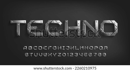 Techno alphabet font. Metal letters and numbers with rivets. Stock vector typeface for your typography design.