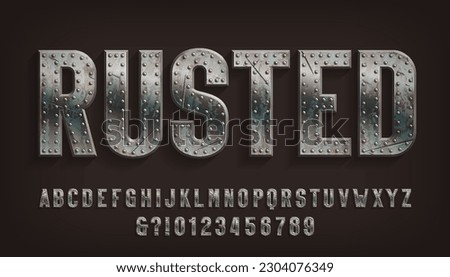 Rusted alphabet font. Damaged metal letters and numbers with rivets. Stock vector typescript for your design.