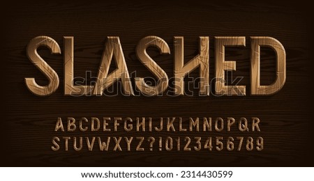 Slashed alphabet font. Damaged wooden letters and numbers. Stock vector typescript for your typography design.