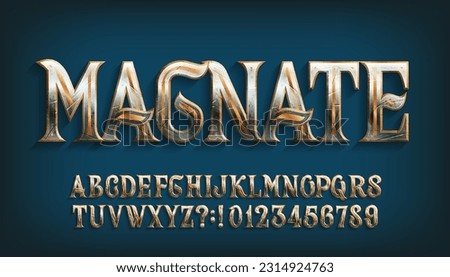 Magnate alphabet font. Damaged ornate metal letters and numbers. Stock vector typescript for your typography design.