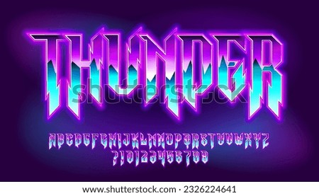Thunder alphabet font. Glowing letters and numbers in heavy metal style. Retro typescript for your typography design.
