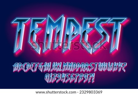 Tempest alphabet font. Glowing letters and numbers in heavy metal style. Retro typescript for your typography design.