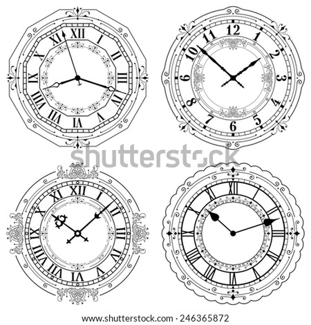 Set of different decorated clock faces. Editable Clock, easily remove and replace hands and design.