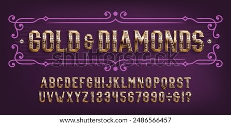 Gold And Diamonds alphabet font. 3d golden letters and numbers with diamond inlays. Stock vector typeface for your design.