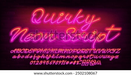 Quirky Neon Script alphabet font. Bright neon script letters, numbers and symbols. Stock vector typescript for your design.