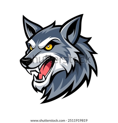 Wolf bares its teeth. Roaring wolf head logo or icon. Cartoon symbol, perfect for a mascot. Stock vector illustration.