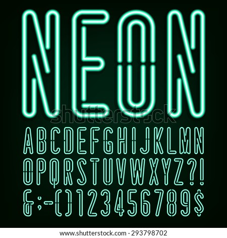 Neon Green Light Alphabet Font.
Narrow type letters, numbers and punctuation marks. Stock vector for your headlines, posters etc.
