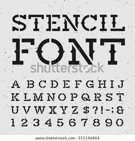 Western style retro alphabet stencil font. Serif type letters, numbers and symbols on the distressed background. Vintage vector typography for labels, headlines, posters etc.