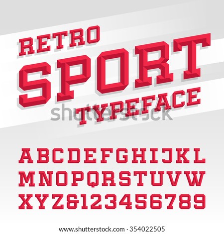 Beveled alphabet vector font. Retro sport style typeface for labels, titles, posters or sportswear transfers. Type letters, numbers and symbols on the bright background.