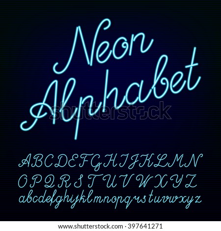 Neon tube hand drawn alphabet font. Script type letters on a dark background. Vector typeface for labels, titles, posters etc.