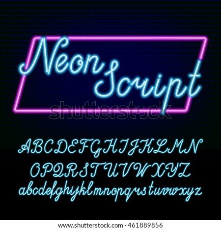 Neon tube alphabet font. Hand drawn script type letters and numbers on a dark background. Vector typeface for labels, titles, posters etc.