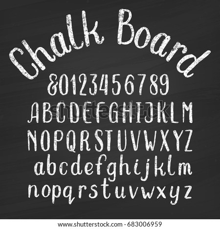 Hand drawn chalk board alphabet font. Upper and lower case letters and numbers on a distressed background. Retro vector typeface for your design.