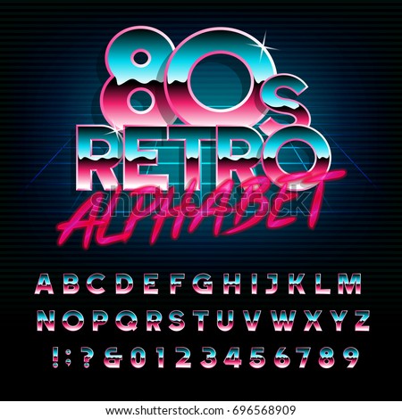 80's retro alphabet font. Metallic effect type letters and numbers. Vector typeface for your design. Сток-фото © 