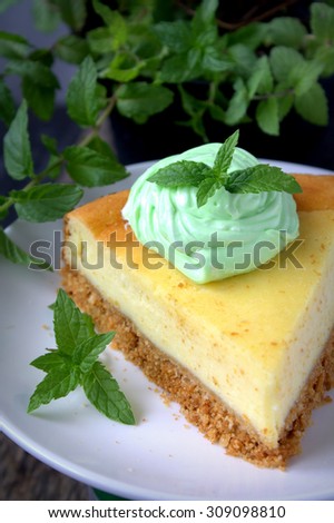 Cheese cake with mint cream on top and mint leaves background