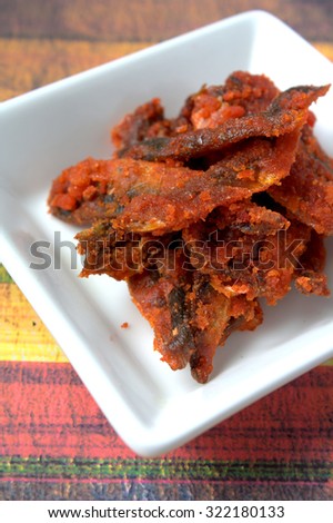 Fried and dried small fish with sugar. Ikan Lumek, famous snack food from Sarawak, Malaysia
