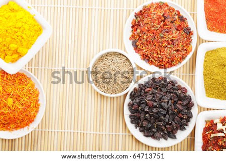 Various geometry shapes set by dishes with various spices above view