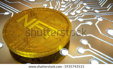 three-dimensional gold coin with the inscription nft on the background of a printed circuit board with luminous tracks. cryptoart concept. 3d render illustration