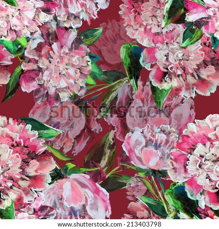 Peonies on a red background, pattern seamless